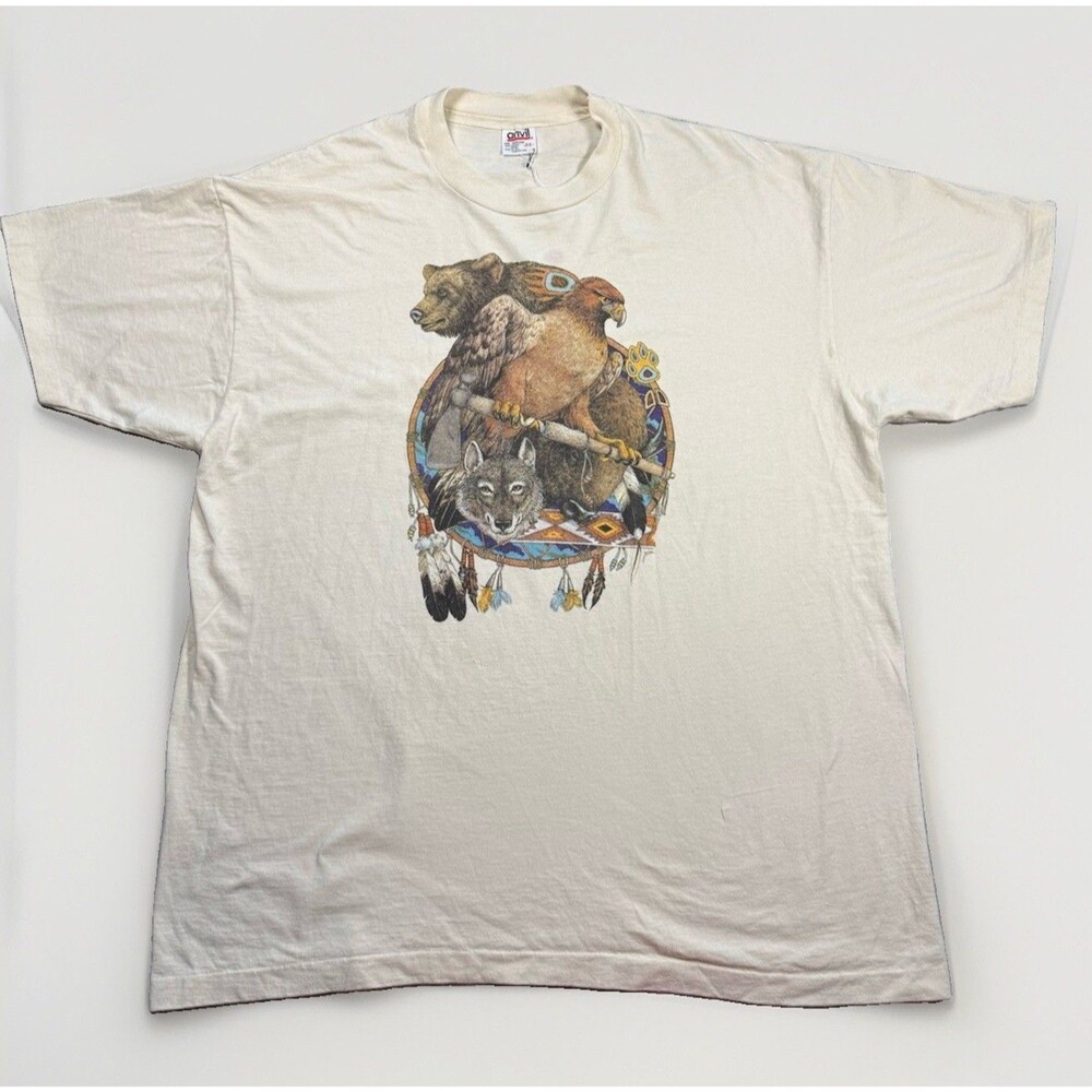 Vintage Single Stitch Anvil Men’s White Nature AnimalGraphic Short Sleeve Tee 2X